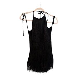 PrettyLittleThing Black Halter Fringe Bodysuit